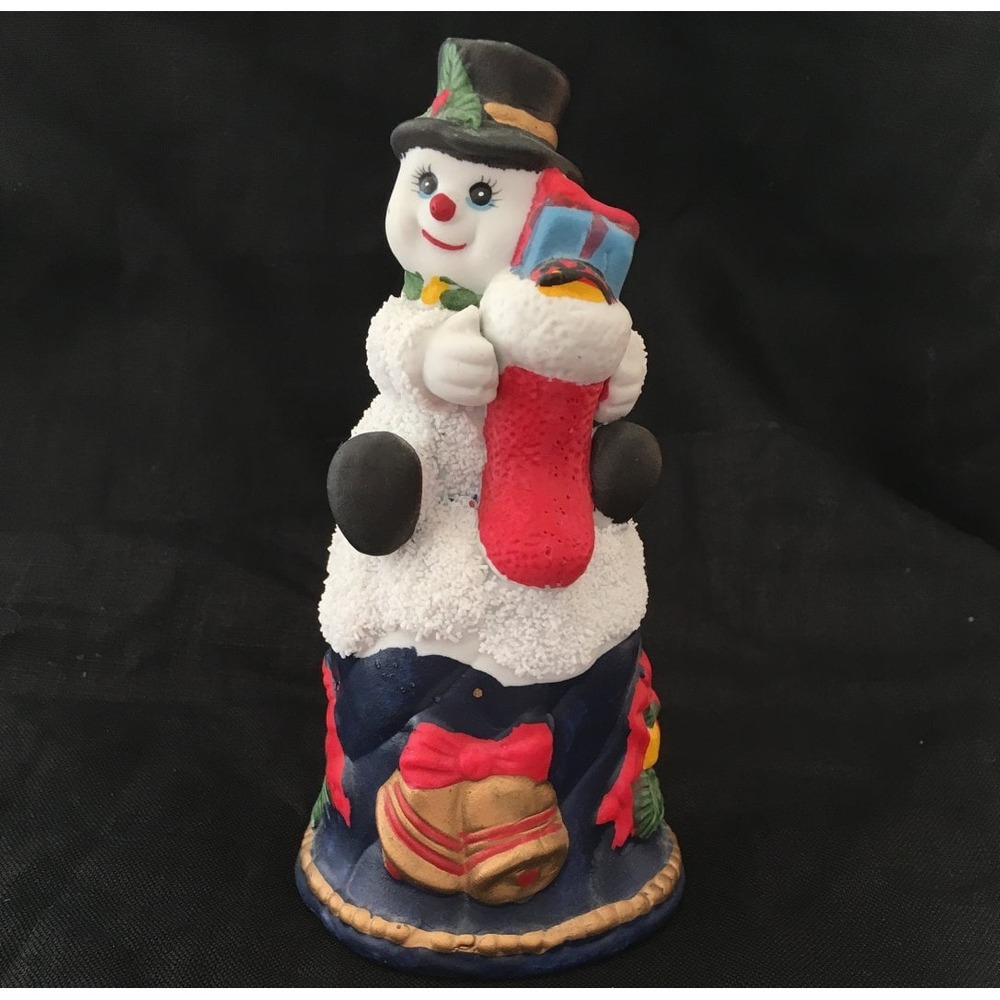 Vintage ceramic snowman Christmas bell, ceramic holiday hand bell